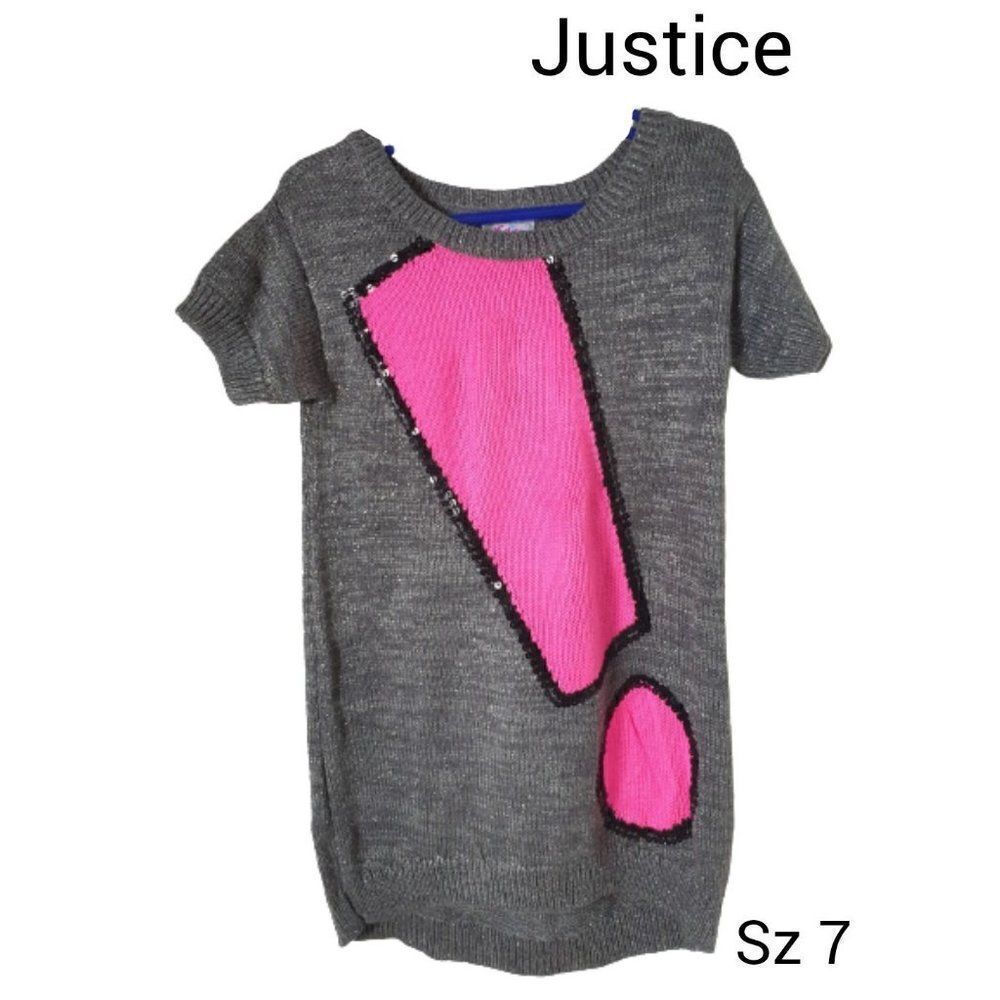 Justice Girls Sweater Dress 7 Black Sequin Hot Pink Exclamation Shirt 7 NWOT